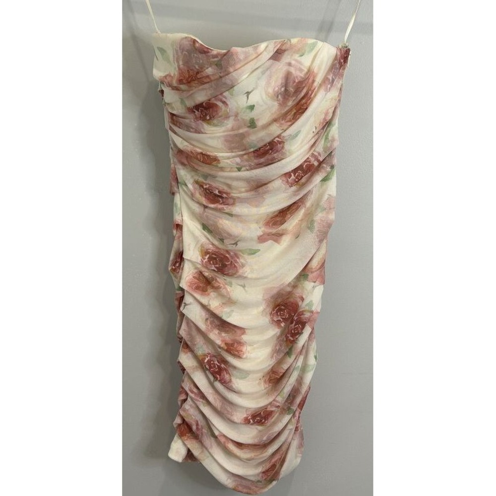 Windsor Mini Sleeves Dress White Rose Print Ruched Sides‎ New XS